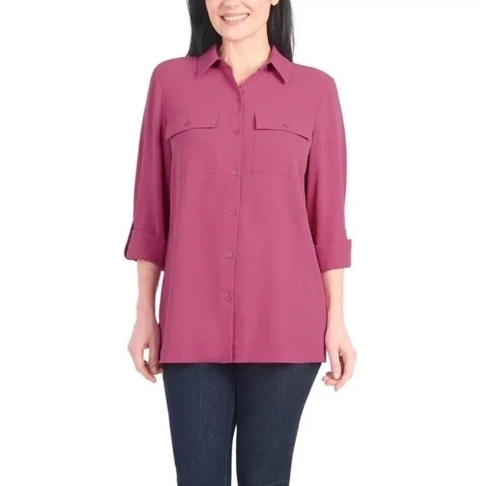 NWT Hilary Radley Womens Dark Pink Button Down Roll Tab Sleeve Shirt •L• Layer